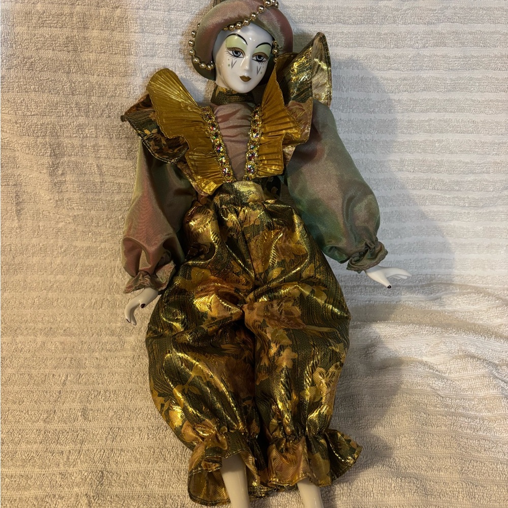 Gold and Green Harlequin porcelain doll
